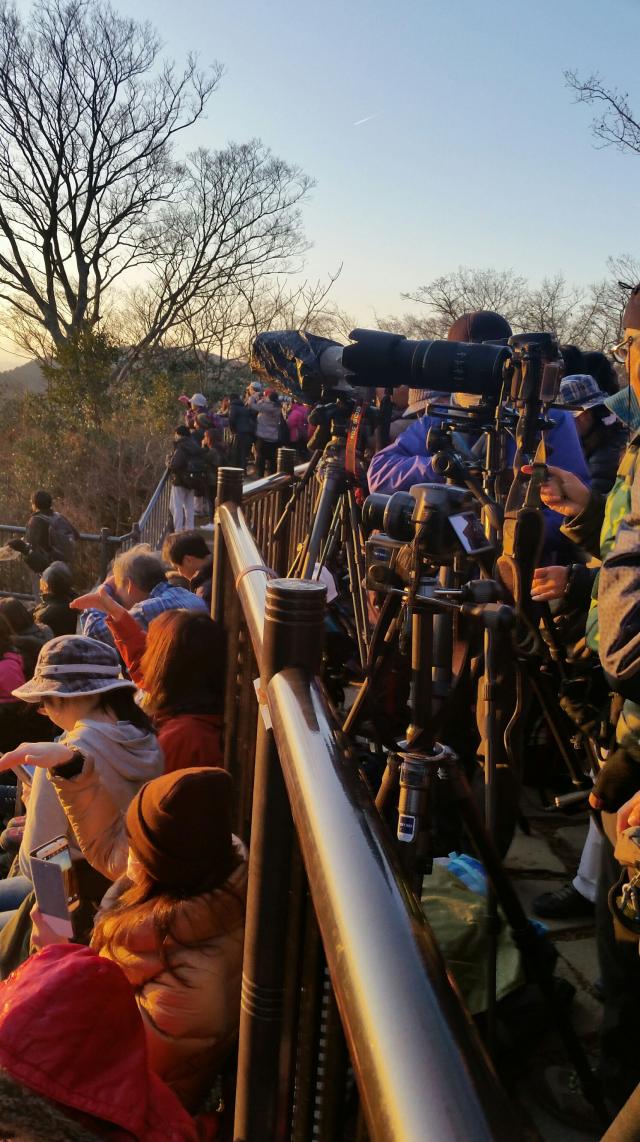 山頂ではたくさんの人がダイヤモンド富士を鑑賞しました。富士山に夕日がかかるのは16時頃ですが、1時間以上前から場所取りが始まっていました