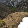 山頂への登山道で、日当たりのいいところは雪が融け、土が出ている個所もあります。