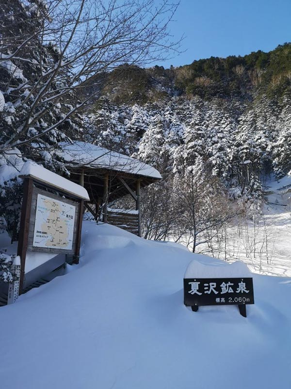季節外れの、この冬一番多い降雪量でした。夏沢鉱泉で60cm！ のち、晴天で雪どけがすすんでいます。