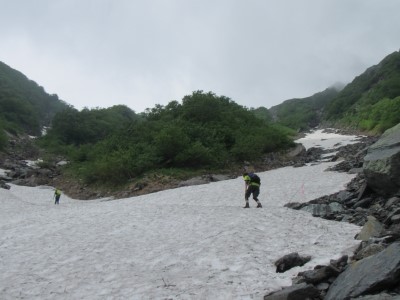 左俣コース　大樺沢上部二俣の雪渓の状況です。