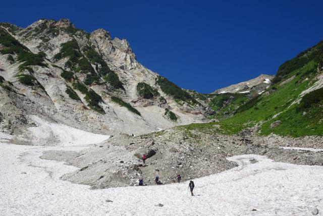 大雪渓　上部秋道への取り付き点の砂山です