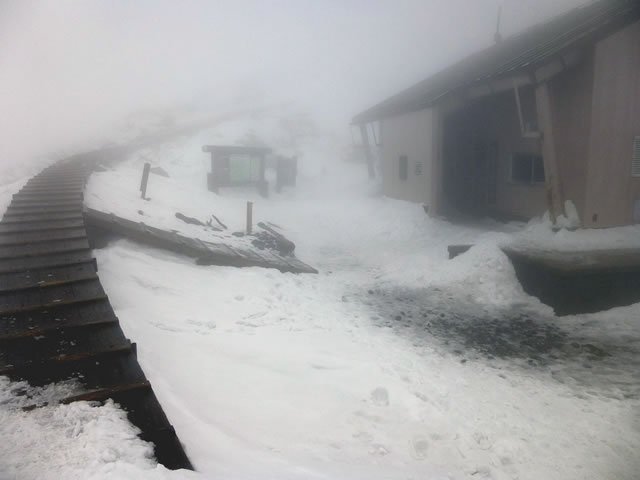 山頂避難小屋付近も積雪が少ない