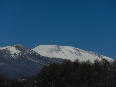 小諸から見た浅間山の雄姿。ひときわ白く雪がかぶり輝いています。 