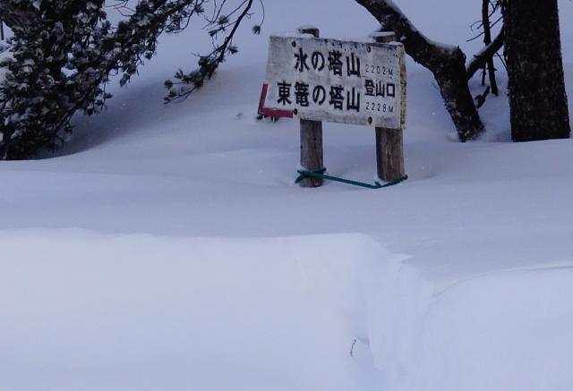 雪で埋まりそうな指標。周辺ではパウダースノーが1ｍ以上積もりスノーシューがベスト。アイゼンは不向きな状態です。