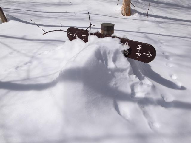 中の沢出会い 登山口　道標が雪に埋もれています。