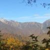 山頂部から8合目辺りまでが冠雪しました。（10/24朝日鉱泉付近の紅葉が美しくなってきました。今年は黄色が特に鮮やかです。上倉山山頂付近より大朝日岳と小朝日岳）