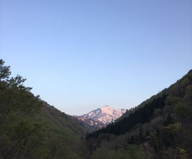 雲一つない快晴　朝5時、朝日を浴びて赤く染まる大朝日岳を見ながら、その山の頂を目指しました。