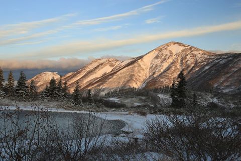 雪のついた高谷池と妙高山
