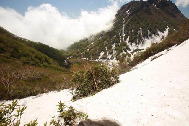 高谷池〜妙高山に行く途中、大倉乗越からの画像です。まずは、この雪渓を下らないと行けません。