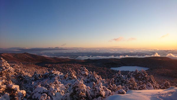高見石から見る日の出と雪化粧した森(2020.03.15　高見石小屋 )