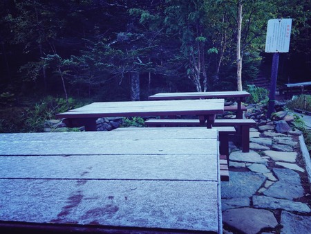 初霜が下りて、小屋前のテーブルが白くなりました