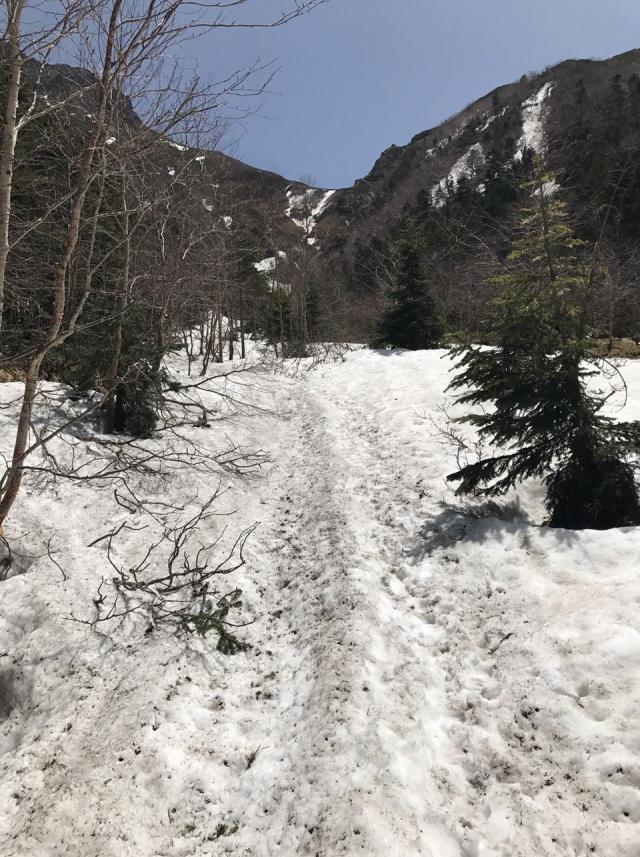 行者小屋～赤岳山頂(文三郎尾根経由)へ　行者小屋から樹林帯を越えた後から始まる階段までは残雪が有ります。