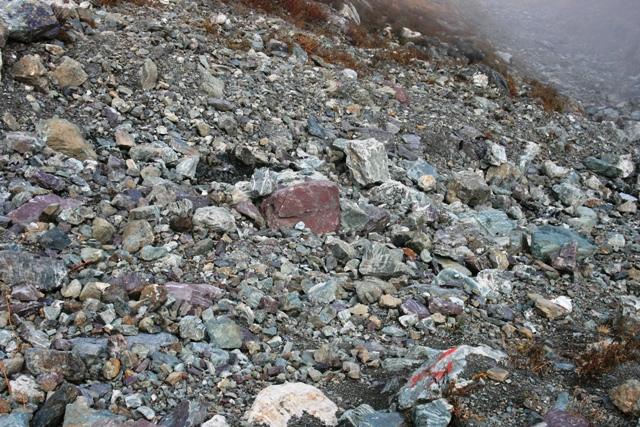 崩落による大きな岩が従来の登山道に覆いかぶさってしまい、
従来の登山道がなくなってしまっている状態です 