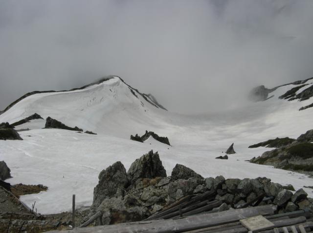 写真は雄山頂上から見た山崎カール(まだまだ滑れます） 