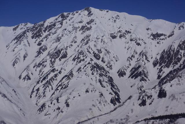 ヘリコプターから見た白馬岳の雄姿。代掻き馬の雪形がよく見えました