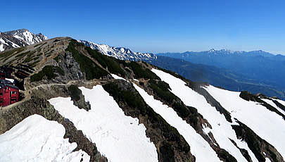 唐松岳頂上山荘～八方尾根の積雪状況　雪上のトラバースとなる夏道通過は危険です。現在尾根通しのルートの登下山となります。