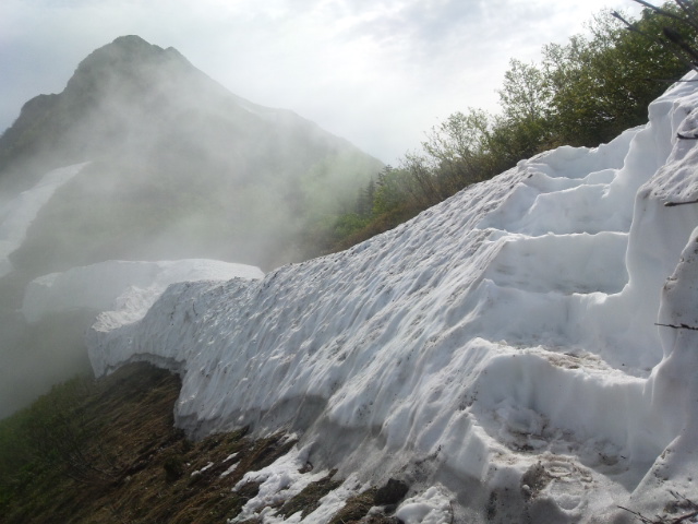 新越山荘周辺は登山道上の各所に残雪あり。残雪の上から夏道に下りる際は転滑落要注意です。凍っている場所もありますので、慎重に通過してください。