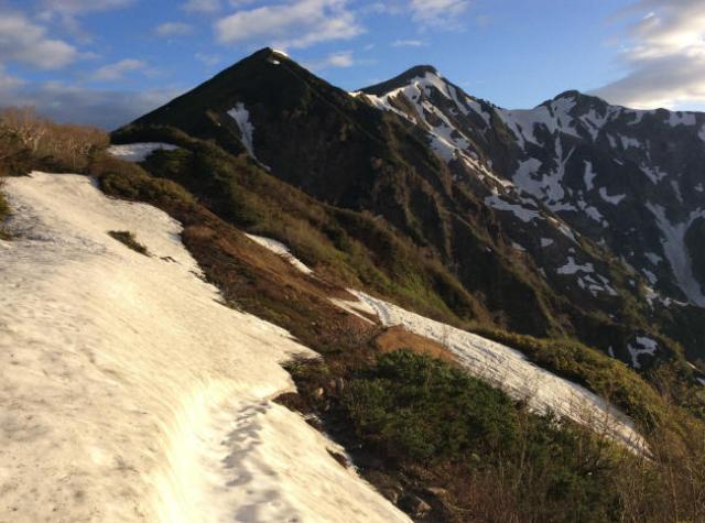 冷池テント場から布引岳の登り始めの地点も、今年は残雪が少なくもうほとんど夏道伝いに進みます。