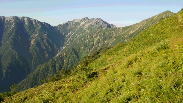 後立山連峰南部の名峰針ノ木 岳を中央に左に蓮華岳、右に赤沢岳。ほとんど無風の爽やかな朝です。