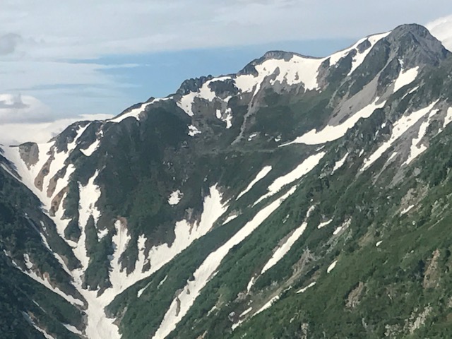 主稜線のいちばん左の鞍部に針ノ木小屋が見える。その下には針ノ木大雪渓が。右上の針ノ木岳頂上へは雪渓上を、カットした斜面を注意しながら斜上して登る。滑落には要注意です。