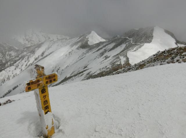 南尾根を直登して爺ヶ岳南峰へ。爺ヶ岳主稜線も残雪少なく登山道の位置がわかる状況。前日の降雪が薄っすらと積もる。山頂の道標も凍てつく寒い一日でした。