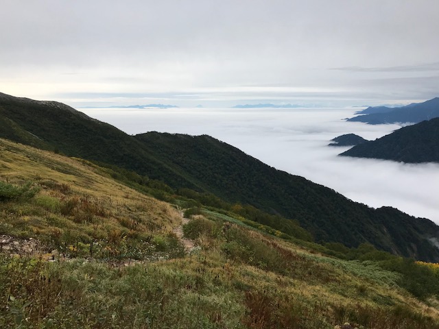 昨日の様子。波静かな雲海のはるか先には富士山も遠望。大町安曇野は厚い雲海の下　