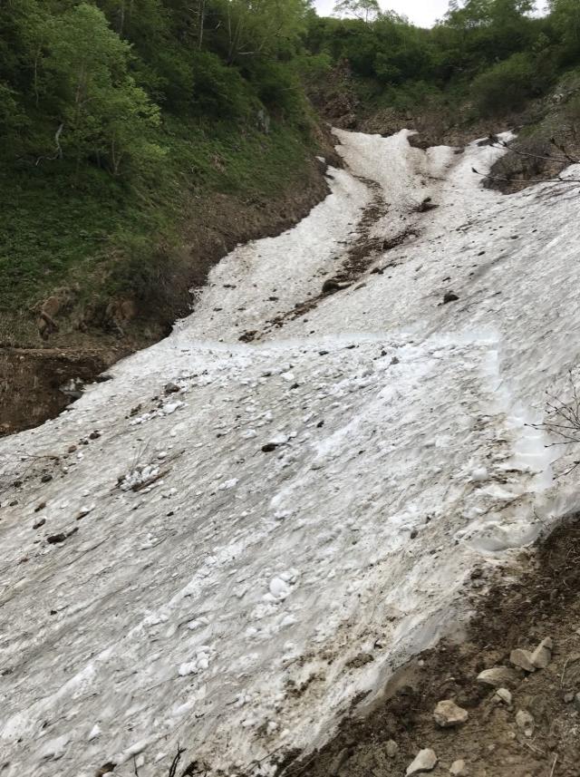 柏原新道「ガラバ」の奥沢の雪渓。決して油断なさらないでください。