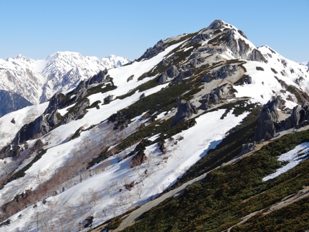 山頂も白い部分が少なりました。左肩は立山、剣岳です