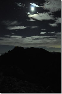 北穂の上に輝く月の明かり （ 南岳小屋スタッフ　撮影）