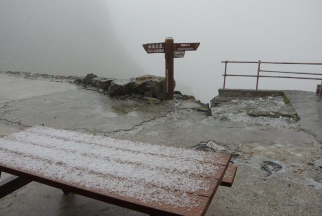 槍ヶ岳山荘前　通り雨ならぬ通り雹が降りました。細かい雹でした。