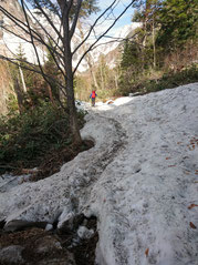 横尾～本谷　夏道ですが所々雪上を歩きます。踏み抜きにご注意下さい。