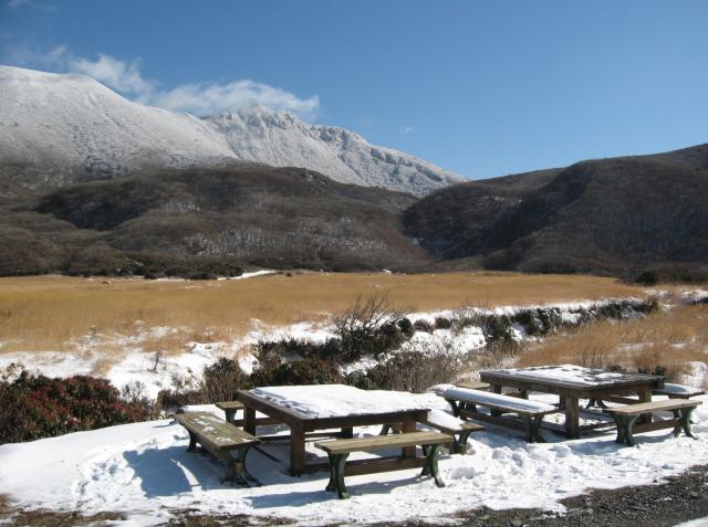 雪が降り、山荘付近で10cm、山頂付近では30cm近く積もりました (2009.12.21　法華院温泉山荘 )