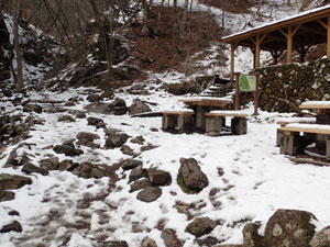 ロックガーデン休憩舎付近の様子　積雪0～10cm、途中ぬかるみが多い。