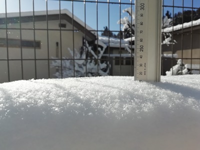 ビジターセンター前　積雪21㎝　(09：30時点)　ケーブルカー御岳山駅周辺は16㎝でした。　パウダースノーでさらさらの雪です！　