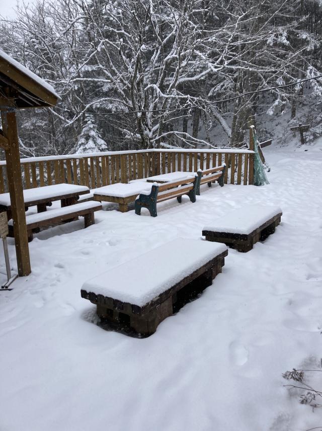 11/20に続き11/23も降雪。朝の積雪7cm、気温0度の小屋前状況。降雪終日続き積雪はさらに増加しました
