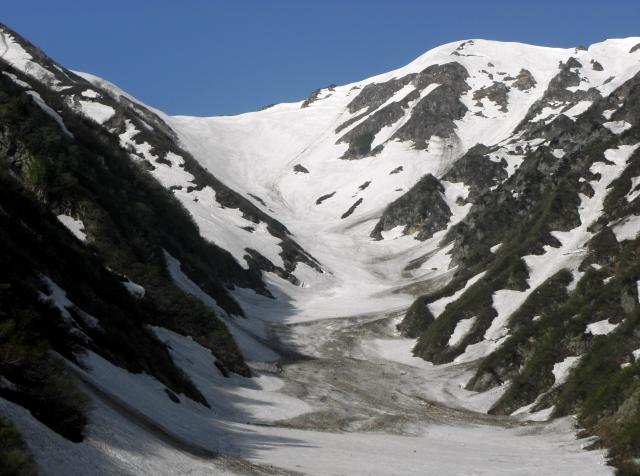 石転ビ沢の雪渓の雪は、例年になく少なめです