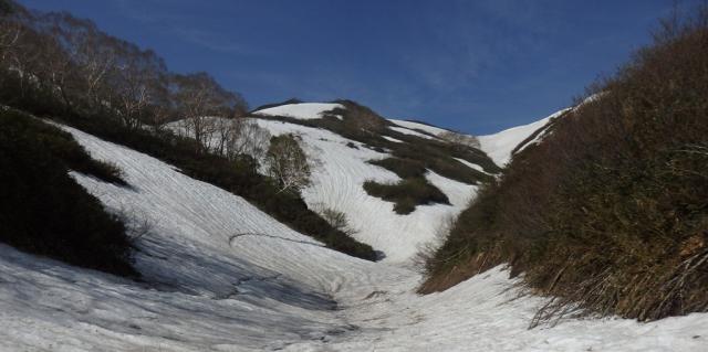 大日杉～切合小屋間の御沢の雪渓は亀裂が入り、中心部を歩くのは危険です