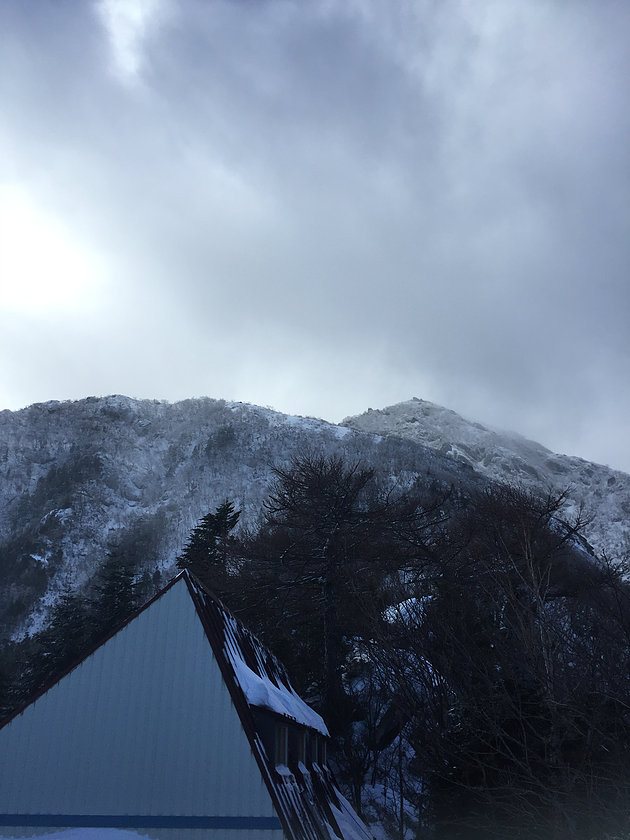 朝から西寄りの風が強く吹き24日夜から今日昼前までは雪も降り続いており、小屋前では約30cm積もりました。ヘリポートから見上げる山頂方面もかなり風が強そうでした。