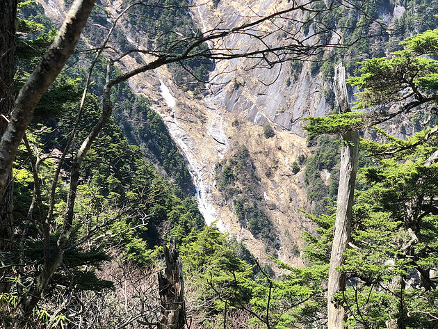 六丈橋手前から見た黄蓮谷右俣の奥千丈の滝です。写真ではわかりづらいですが、すでに雪渓が崩落して水が流れています。