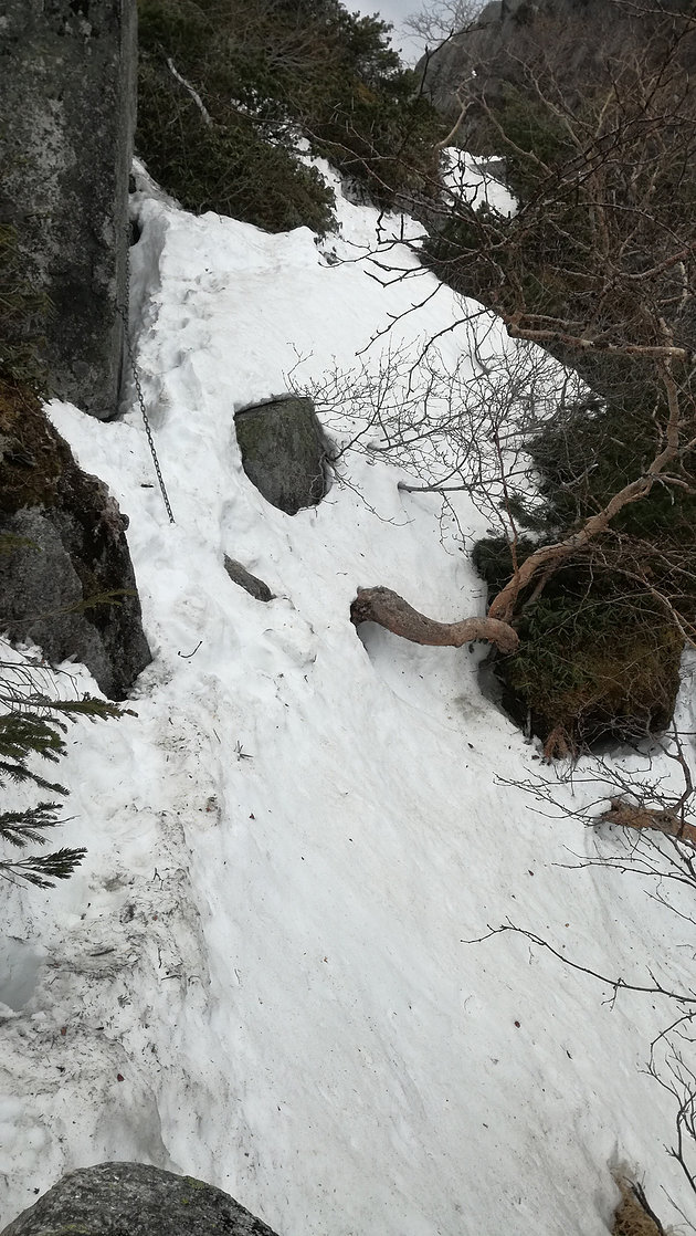 尾根を右に巻く箇所は残雪がありいやらしいトラバースに。
ステップも崩れやすく慎重に。