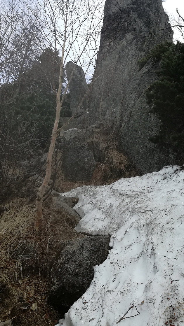 冬季の核心部のルンゼ　僅の雪を残すのみで完全に岩が出ましたが、まだ残雪との繰り返しです。