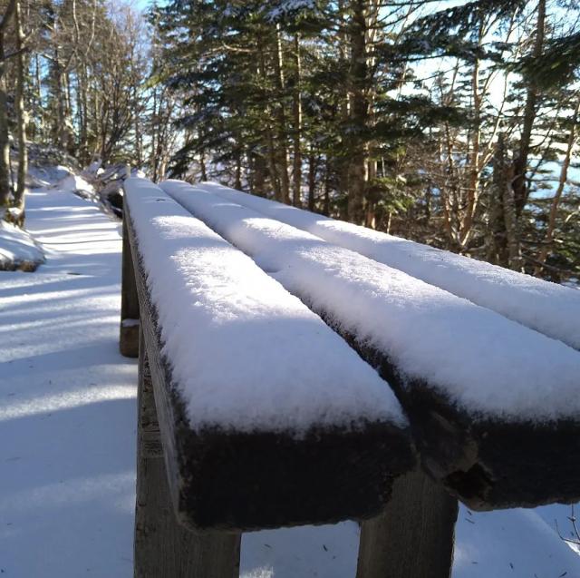 今朝の小屋周辺は再び雪景色が広がりました。積雪3cm。今後は完全冬山装備（前爪アイゼン、ピッケル）が必要です