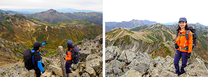 （左）水晶岳から雲ノ平を振り返る／（右）水晶岳山頂に立つ小林綾子さん（撮影＝洞 将太）