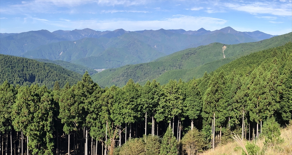 左の大札山から、右の不動岳までの深南部の展望（10月）