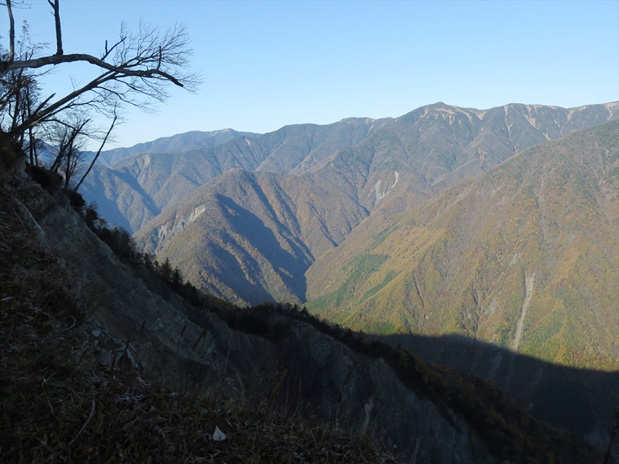 大井川対岸の赤崩ノ頭からの展望。中央右のピークが茶臼岳で、右の鞍部の草付きに茶臼小屋がある。左奥は光岳
