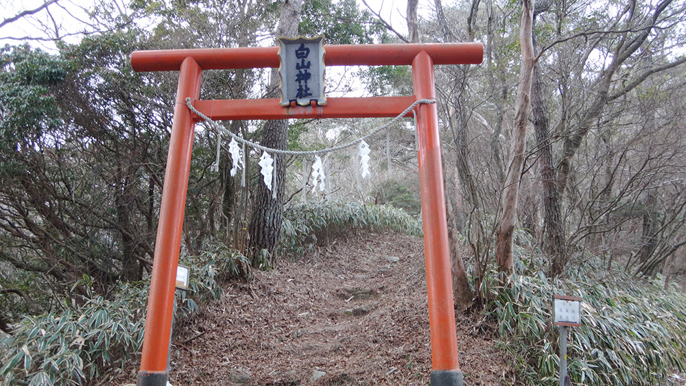 車道に面して鳥居が立ち、ここから六甲山神社への山道がはじまる