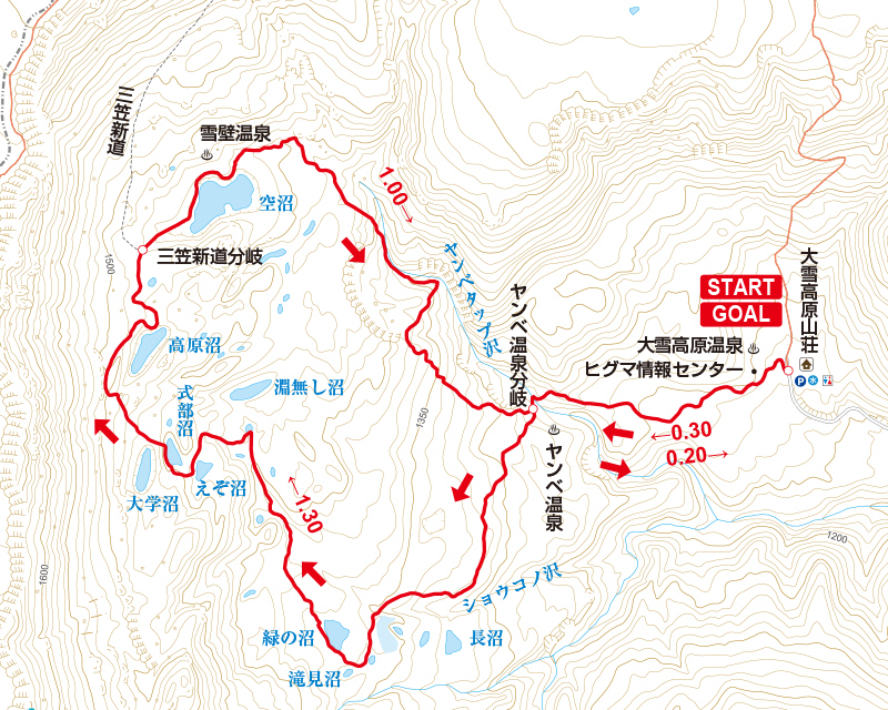 大雪山・高原沼周辺のヤマタイム地図