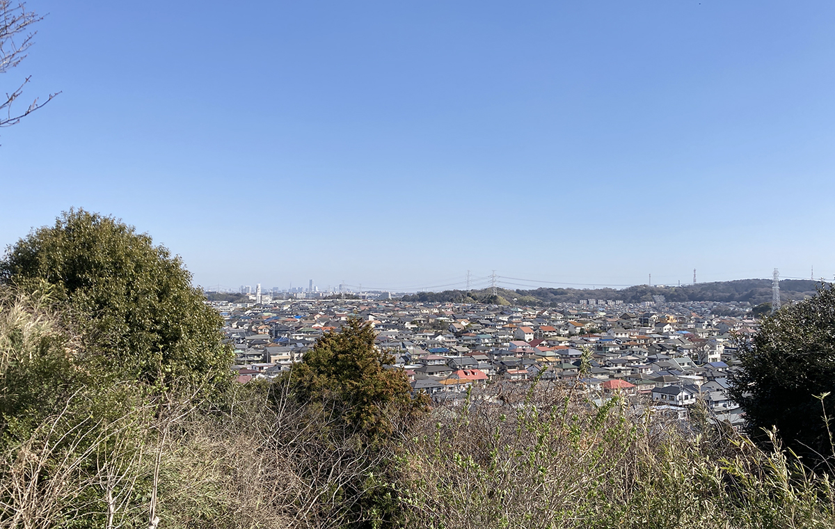 〉展望台からの眺望。奥にみなとみらい。右側の緑地は円海山あたり