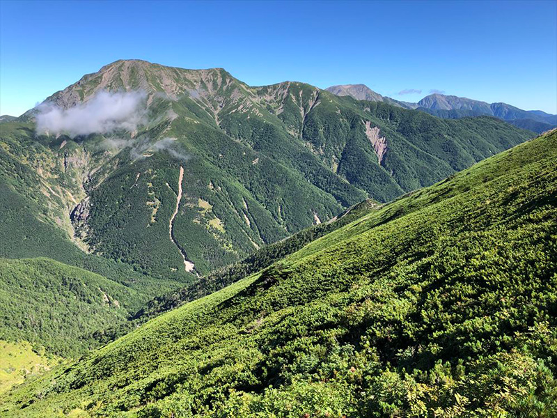 上河内岳の肩にあたる南岳から見た、聖岳、赤石岳そして悪沢岳（写真＝岸田 明）